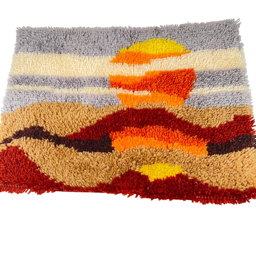 Vtg Latch Hook Wall Hanging Desert Sunset Retro 70s Shag Textile Art 27x20 Boho
